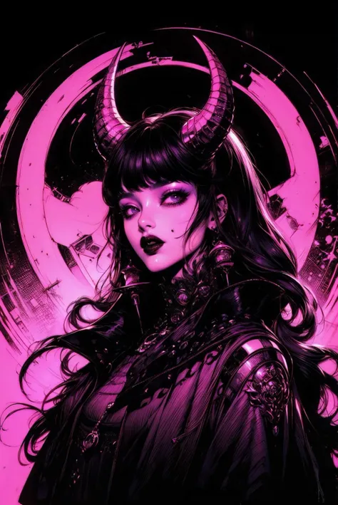 (masterpiece, top quality, best quality, official art, beautiful and aesthetic:1.2), 1girl + demon boy, cute girl side by side a demon man, sexy, solo, looking at viewer, monochrome, bunt bangs, purple eyes, black hair, long hair, parted lips, horns, black...