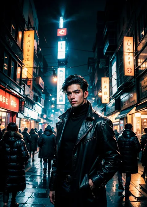 cowboy shot, 1male, handsome, black hair, mole under eye, black long coat, dapper, elegant, ribbed turtleneck, detailed cotton scarf, cold, mist, modern city, outdoor, neon lights, looking away, crowded with shops, crowded with people,, volumetric light, r...