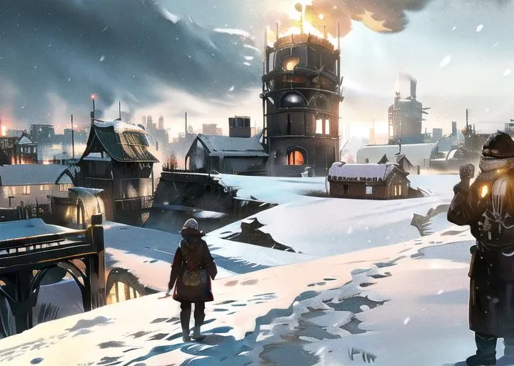 snow-covered city, ruins, fire, winter, cold, fear <lora:frostpunk:0.8>, frostpunk