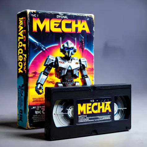 VHS tape, a movie called "Mecha" Ike Takagi, Sci-fi, dystopian, cyberpunk, neon lights, robotic elements, inspired by the works of Ridley Scott and Blade Runner.