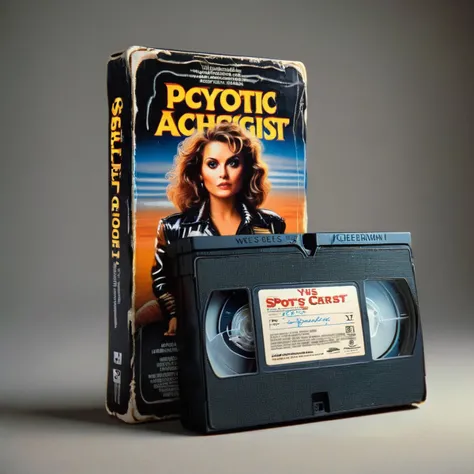 close-up of <lora:stylevision-tune-20231120-000007:0.3>  <lora:VHS_package:0.85> a VHS package of a movie, Sports (movie poster with title and text graphics:1.3), "psychotic Archaeologist" movie starring Helena Bonham Carter, directed by Wes Anderson High-...