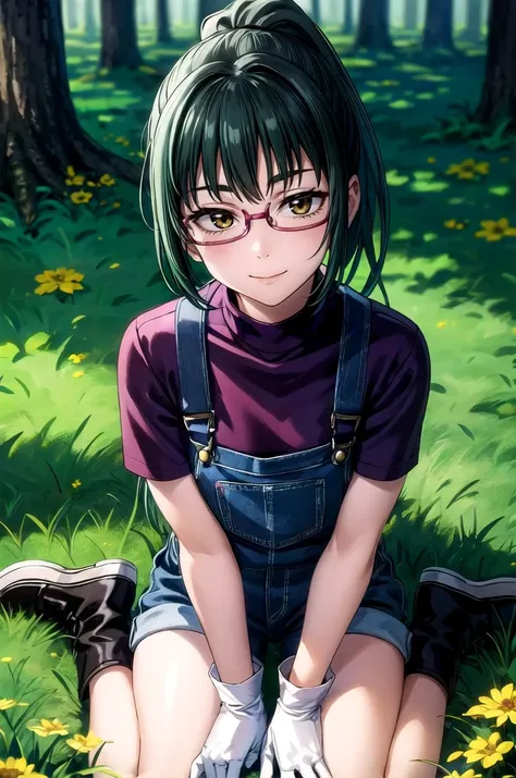 (masterpiece, best quality, detailed), 1girl, solo, looking at viewer, green hair, ponytail, glasses, brown eyes,
overalls, short sleeves, white gloves, red shirt, outdoors, forest, nature, grass, tree, flower, leaf, night, dark, wariza, hand between legs,...