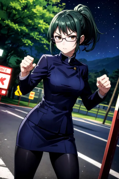 (masterpiece, best quality, detailed), 1girl, solo, looking at viewer, green hair, ponytail, glasses, brown eyes, jujutsu uniform, blue jacket, blue skirt, black leggings, outdoors, forest, nature, night, tree, road, utility pole, road sign, power lines, h...