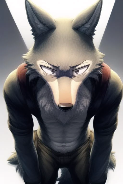 (((masterpiece,best quality,ultra-detailed))),1wolf,legoshi,gray_wolf,solo,detailed face,yiff,<lora:Legoshi_Lora:1>,(((clean background trending,dark color background))),((black eyes,solid eyes)),(Male Agent:1.25),<lora:add_detail:1>,(Disgusted,Looking At ...