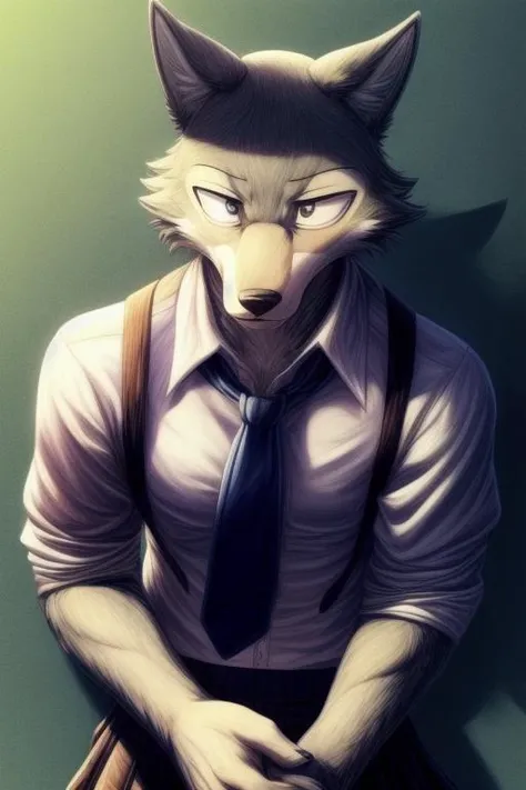 (((masterpiece,best quality,ultra-detailed))),1wolf,legoshi,gray_wolf,solo,handsome detailed face,school uniform,school pants,necktie,yiff,<lora:Legoshi_Lora:1>,(((Three-point lighting,,dark color background))),((black eyes,solid eyes)),<lora:add_detail:1>...