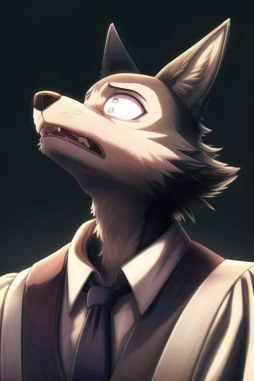 (((masterpiece,best quality,ultra-detailed))),1wolf,legoshi,gray_wolf,solo,detailed face,yiff,<lora:Legoshi_Lora:1>,(((cinematic lighting,dark color background))),((black eyes,solid eyes)),(Male Judge:1.25),<lora:add_detail:1>,(Despair,Looking At Animal,su...