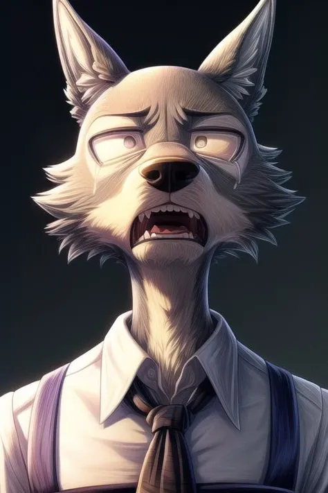 (((masterpiece,best quality,ultra-detailed))),1wolf,legoshi,gray_wolf,solo,handsome detailed face,school uniform,school pants,necktie,yiff,<lora:Legoshi_Lora:1>,(((Three-point lighting,,dark color background))),((black eyes,solid eyes)),<lora:add_detail:1>...