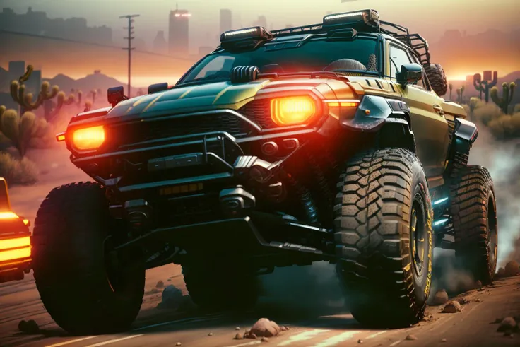 (three quarter view, sharp focus, cinematic lighting), (cyberpunk offroad car, warm yellow with matt black details, big fat wide offroad tires, matt wheels, tinted glass, quad headlights), (speeding through futuristic desert, sunrise), (high quality, best ...