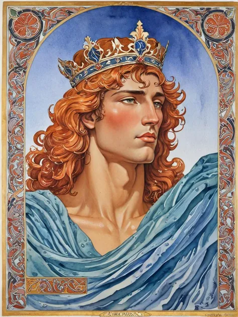 jimf , art nouveau painting, Water color painting, beautiful Male King, <lora:JimF_XL_2:1>