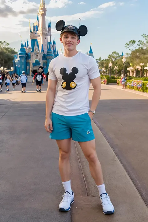 Disney World, standing in front of the Cinderella Castle, excited expression, JakePreston, wearing shirt, shorts, sneakers, (Mickey Mouse ears hat:1.3), masterpiece, ((full body portrait:1.5)), full body shot, wide angle, (GS-Masculine:1) <lora:JakePreston...