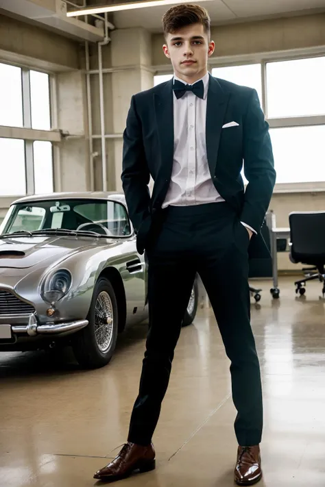 laboratory inside headquarters of MI6, standing next to a Aston_Martin_DB5, suave JakePreston dressed as James Bond, ((full body portrait)), wide angle, (GS-Masculine:1) <lora:JakePreston:0.8>   <lora:Aston_Martin_DB5:0.8>