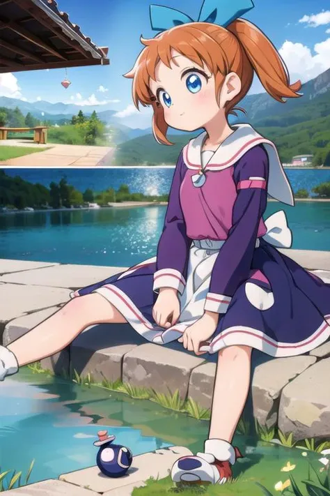 a girl sitting on a rock next to a pond with a ball