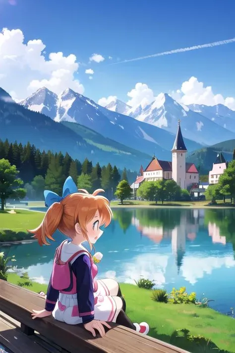 a girl sitting on a bench looking at a lake and a castle