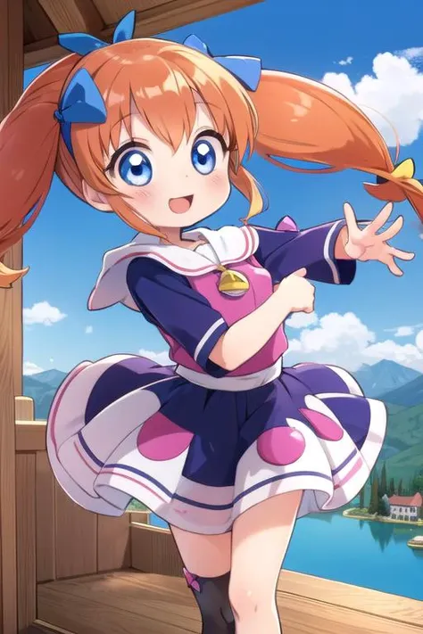 a girl in a sailor outfit is standing on a dock