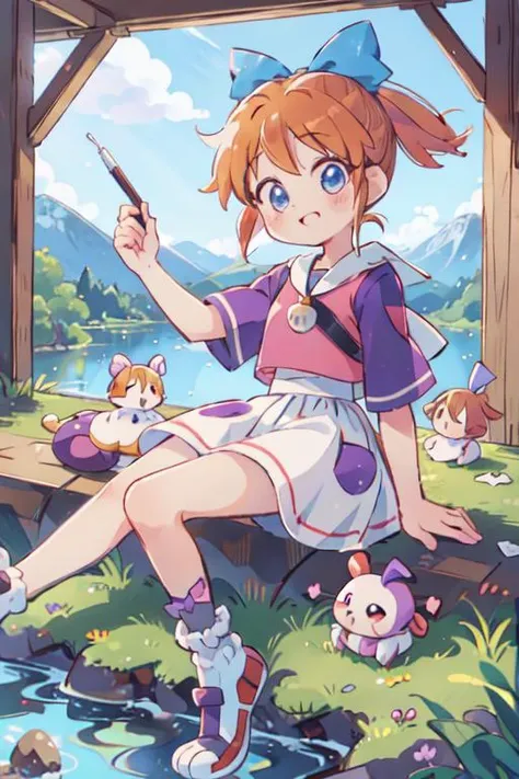 a girl sitting on a dock with a fishing rod and a cat