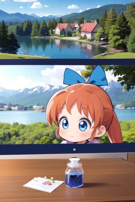 anime girl with blue eyes and a blue bow on her head sitting in front of a computer monitor