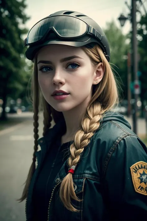 an awarded profesional photography of 1girl  <lora:anime:0.69> asuka, blue eyes, orange hair (pale white skin), beautiful red eyes,)  half-up half-down braid drill hair titian  with bicycle helmet with ring denim jacket  depressed,she make making eye conta...