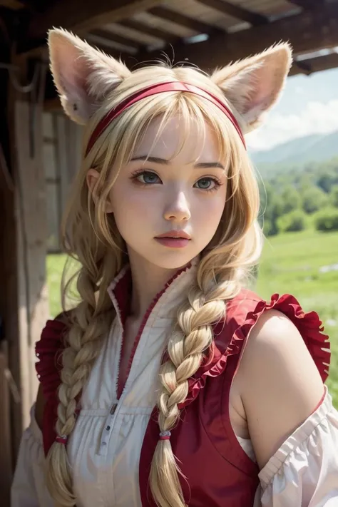 an awarded profesional photography of 1girl  <lora:sd-No.182-000018:0.69> (pale white skin), beautiful ruby eyes,)  surf braid hair flaps light blonde  with budenovka  with yugake deer costume  triumphant,she make one arm behind her back  Cat on shoulder i...