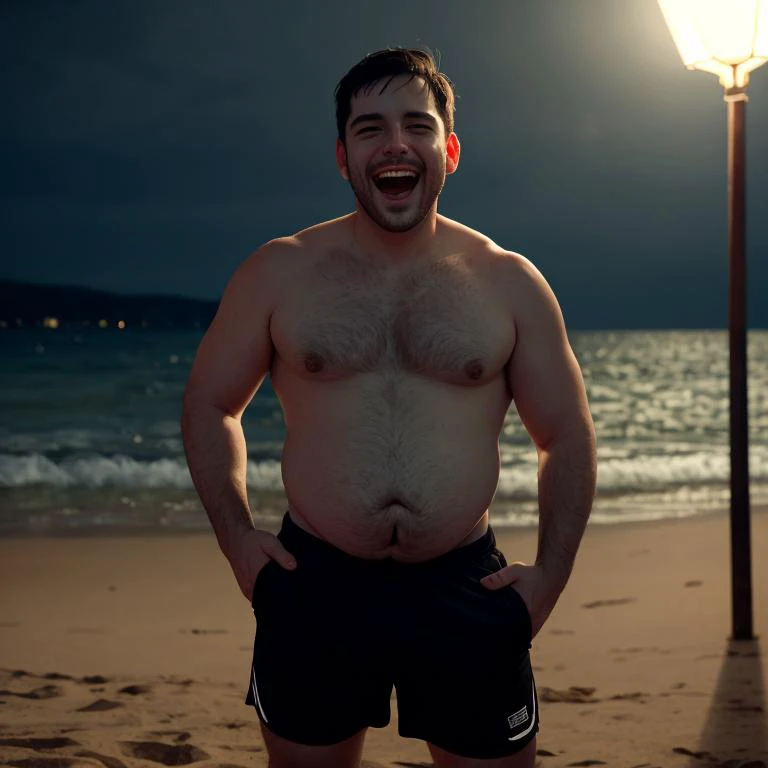 masterpiece, best quality, solo, 1boy, 35yo unathletic average man (plump belly), (short hair crewcut dark hair:1.2) stubble, shirtless, tight bulging black shorts, realistic, dramatic lighting, atmospheric, intricate detail, laughing, nighttime beach, sed...