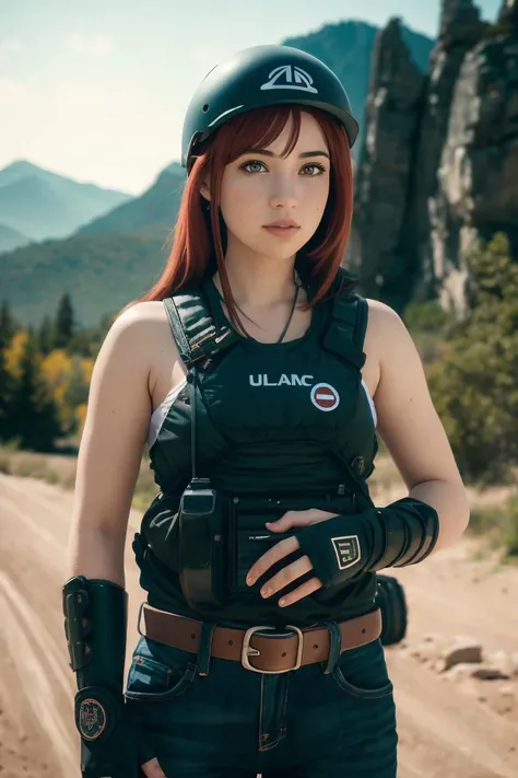 an awarded profesional photography of 1girl  <lora:satania_multimerge:0.69> satania , red hair, falt chest,  (pale white skin), beautiful teal eyes,)  surf braid drill hair gray  with baseball helmet with elbow gloves gangster costume  ecstatic,she make th...