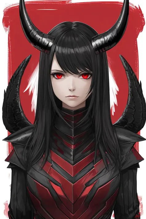 woman, black wings, horns, red armour,