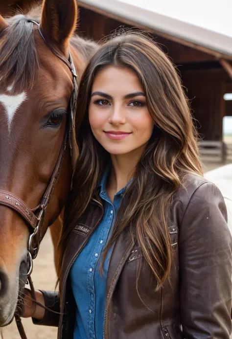 beautiful ohwxvj woman,head and shoulders portrait,brown eyes,long brown hair,hyperdetailed photography,4k textures,8k,looking at viewer,ohwxj woman is petting a horse,rancher clothing,california ranch property near a horse barn,highly detailed,high budget...