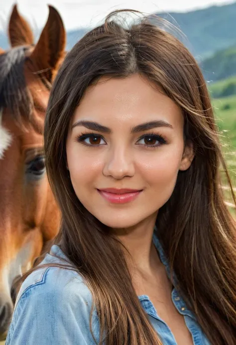 beautiful ohwxvj woman,brown eyes,long brown hair,perfect lips,head and shoulders portrait,hyperdetailed photography,4k textures,8k,looking at viewer,seductive_smile,hills,standing next to a pretty horse,petting the horse,<lora:victoriajustice-ohwxvj:1>,