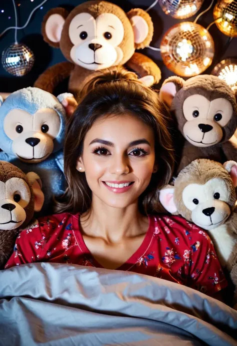 cinematic film still closeup,closeup face portrait,beautiful (ohwxvj woman:1.3) lying in her bed,head on pillow,sleeping with eyes closed,holding a cute small stuffed animal monkey next to her,brown hair,brown eyes,grin,from_above,sleepwear,dark room illum...