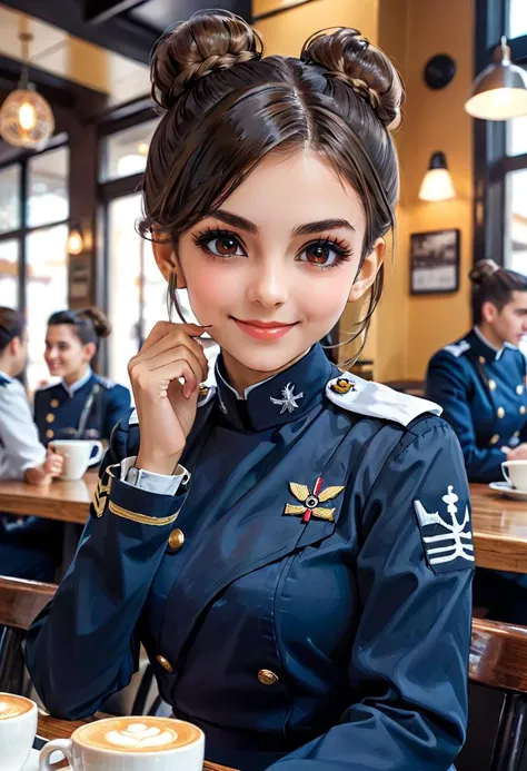 cinematic film still closeup,closeup face portrait,beautiful (ohwxvj woman:1.3) in a cafe,sitting down drinking coffee,grin,brown hair,hair bun,brown eyes,naval_uniform,looking at viewer,people in the background,hyperdetailed photography,4k textures,intric...