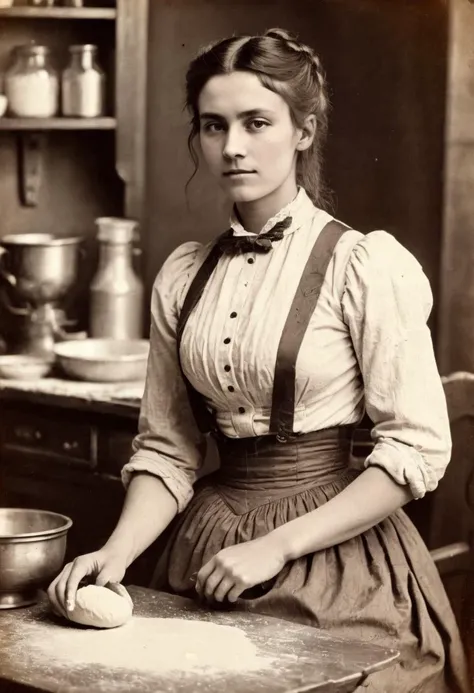 1890 daguerreotype portraiture,beautiful ohwxvj woman as a woman of the 1890s,in the kitchen kneading dough on a table,wearing a Shirtwaists with skirt,expressionless,<lora:victoriajustice-ohwxvj:1>,