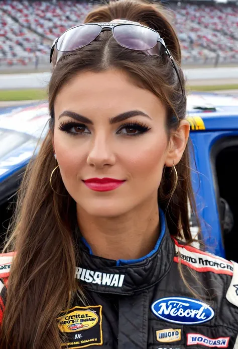 cinematic photo of beautiful ohwxvj woman as a nascar driver,brown eyes,long brown hair in tight ponytail,perfect lips,head and shoulders portrait,perfect eyes,high budget,intricate details,hyperdetailed photography,4k textures,8k,at texas motor speedway,w...