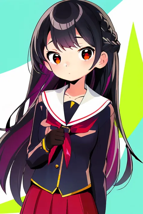 color_girl, 1girl, solo, long hair, looking at viewer, bangs, skirt, shirt, black hair, red eyes, gloves, long sleeves, closed mouth, braid, pleated skirt  <lyco:color_girl:1.2>