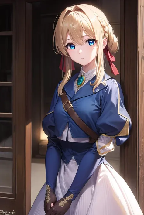 violetevergarden, <lyco:violetevergarden-lyco-nochekaiser:1>,
violet evergarden, blonde hair, blue eyes, hair ribbon, ribbon, short hair, braids, hair braids, red ribbon,
BREAK blue jacket, brown gloves, cropped jacket, dress, gloves, green brooch, jacket,...