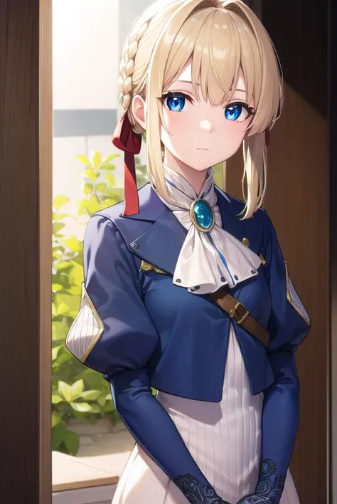 violetevergarden, <lyco:violetevergarden-lyco-nochekaiser:1>,
violet evergarden, blonde hair, blue eyes, hair ribbon, ribbon, short hair, braids, hair braids, red ribbon,
BREAK blue jacket, brown gloves, cropped jacket, dress, gloves, green brooch, jacket,...