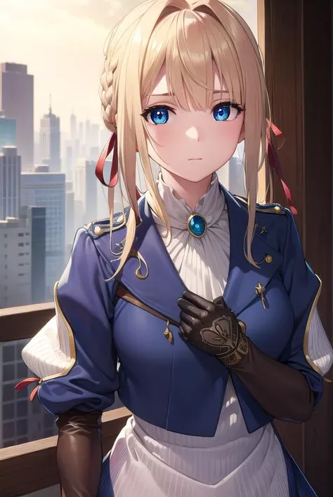 violetevergarden, <lyco:violetevergarden-lyco-nochekaiser:1>,
violet evergarden, blonde hair, blue eyes, hair ribbon, ribbon, short hair, braids, hair braids, red ribbon,
BREAK blue jacket, brown gloves, cropped jacket, dress, gloves, green brooch, jacket,...