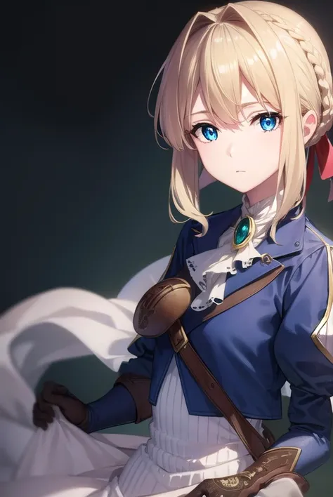 violetevergarden, <lyco:violetevergarden-lyco-nochekaiser:1>,
violet evergarden, blonde hair, blue eyes, hair ribbon, ribbon, short hair, braids, hair braids, red ribbon,
BREAK blue jacket, brown gloves, cropped jacket, dress, gloves, green brooch, jacket,...