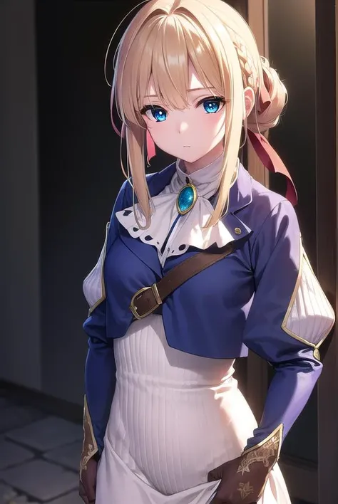 violetevergarden, <lyco:violetevergarden-lyco-nochekaiser:1>,
violet evergarden, blonde hair, blue eyes, hair ribbon, ribbon, short hair, braids, hair braids, red ribbon,
BREAK blue jacket, brown gloves, cropped jacket, dress, gloves, green brooch, jacket,...