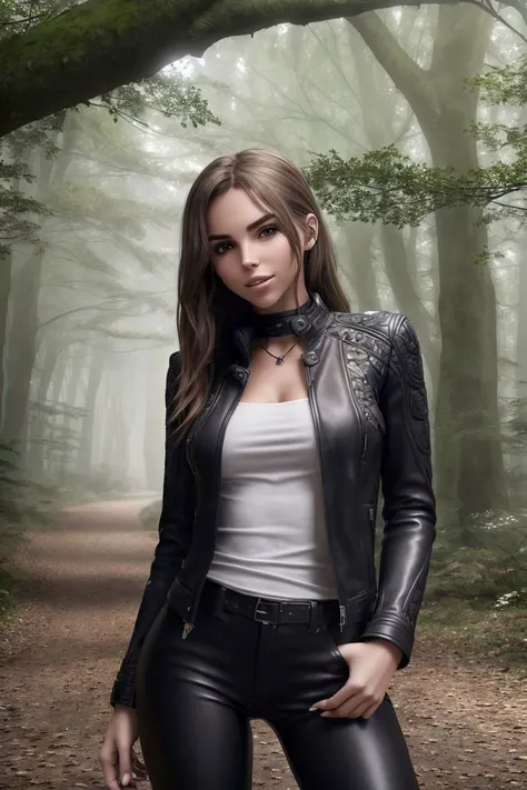 a photo of a stylish S053_GalinaDub, in a (misty forest:1.2), wearing a leather-jacket, (8k, RAW photo, best quality, ultra high res, absurdres, intricate, photorealistic, masterpiece, ultra-detailed, Unreal Engine)