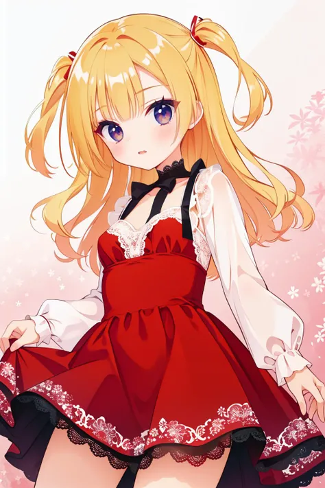 best quality, masterpiece, highres, 
 <lora:Kbic_v1:1> kbic, 1girl, pinup of  cute petite, vampire,  blond hair, two side up,  red dress, lace trim,