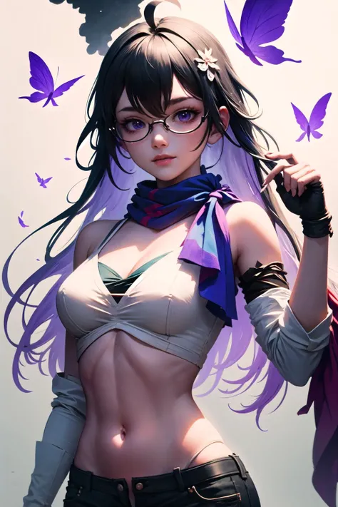 (highly detailed:1.3), 
1girl, solo, light smile, 
<lora:seele_hsr:0.85>, seele, purple eyes, scarf, butterfly, white short shorts, sleeveless white shirt, midriff, navel, gloves, semi-rimless eyewear, (bohemian chic fashion:1.2), hair ornament, 
Ultra-det...