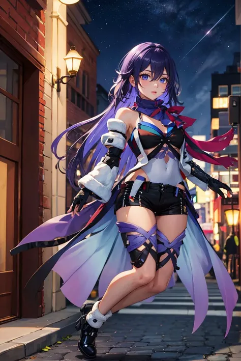 (masterpiece, best quality, beautiful detailed eyes, intricate details), 4k
1girl, solo, outdoors, cityscape, night,  full body,
<lora:seele_hsrv2:1> jeloseele, purple scarf, highleg leotard, detached sleeves, black gloves, short shorts