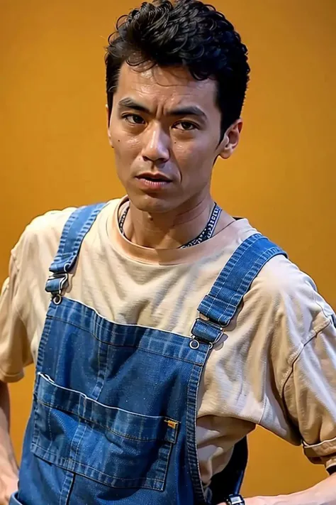 best quality, ultra high res, (photorealistic:1.4),shirt,overalls,masterpiece, blurry background,1boy,standing ,(looking at viewer), <lora:guochang:0.8>