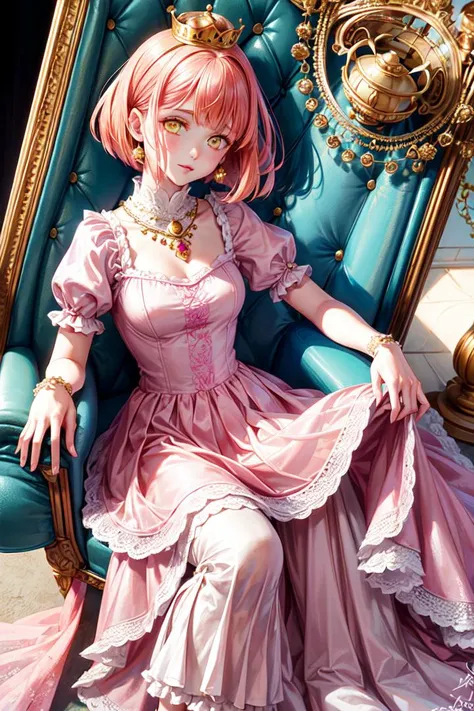 (Highest picture quality), (Masters work), (ultra-detailed), (Detailed eye description:1.2), masterpiece, best quality, extremely delicate and beautiful,beautiful detailed eyes and face,  <lora:HarukaNanami:1>, HarukaNanami, (short hair:1.3), pink dress, e...