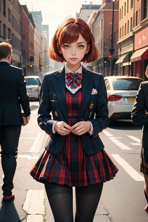 (masterpiece, best quality), 1girl,    <lora:HarukaNanami:0.8> HarukaNanami, short hair, HarukaNanami, short hair, plaid dress, blue blazer, red bowtie, black pantyhose,