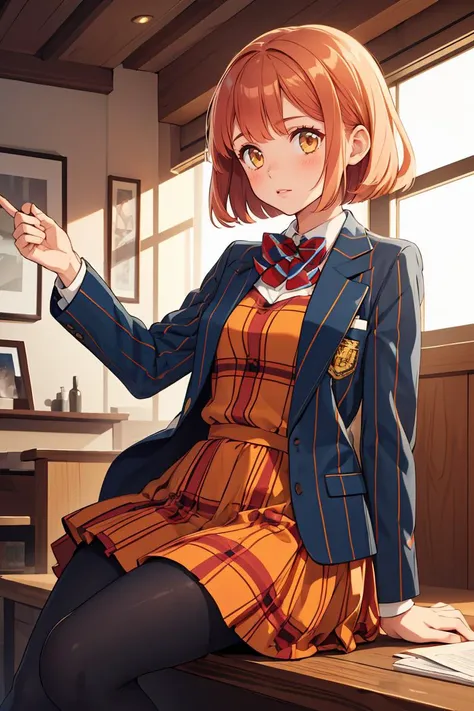 (masterpiece, best quality), 1girl,    <lora:HarukaNanami:0.8> HarukaNanami, short hair, HarukaNanami, short hair, plaid dress, blue blazer, red bowtie, black pantyhose,