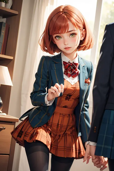 (masterpiece, best quality), 1girl,    <lora:HarukaNanami:0.8> HarukaNanami, short hair, HarukaNanami, short hair, plaid dress, blue blazer, red bowtie, black pantyhose,