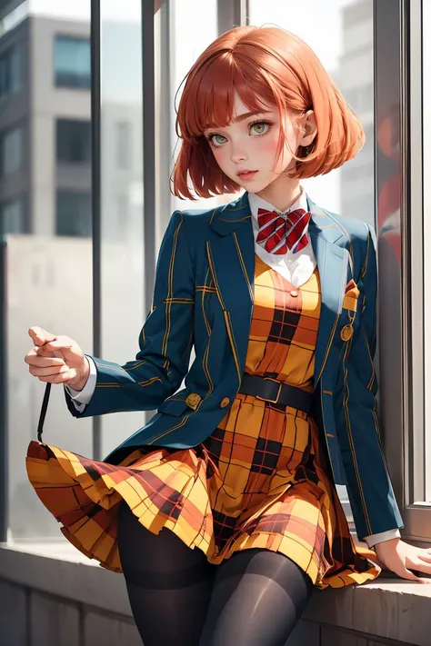 (masterpiece, best quality), 1girl,    <lora:HarukaNanami:0.8> HarukaNanami, short hair, HarukaNanami, short hair, plaid dress, blue blazer, red bowtie, black pantyhose,