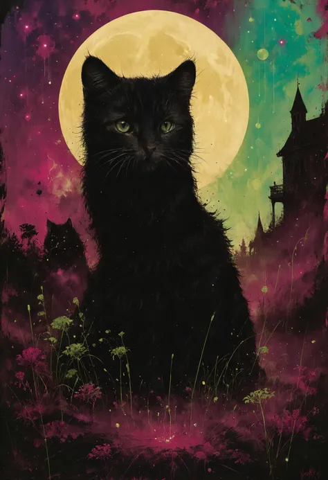 painting of a black cat sitting in front of a full moon