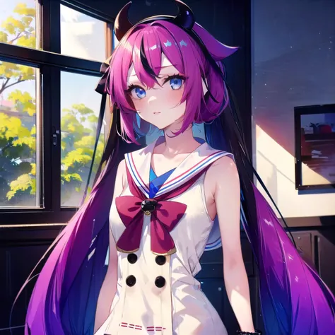 (masterpiece, best quality:1.2), girl, 1girl, (meikahime), (solo), blue eyes, twintails, pink blue multicolored very long gradient hair, hair flaps, black horn hairband, ribbon, bracelet, white sailor collar, white sleeveless shirt, black buttons, red bowt...