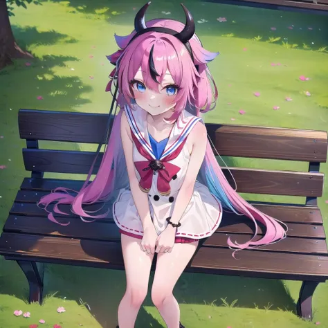 anime girl sitting on a bench with a cat on her lap